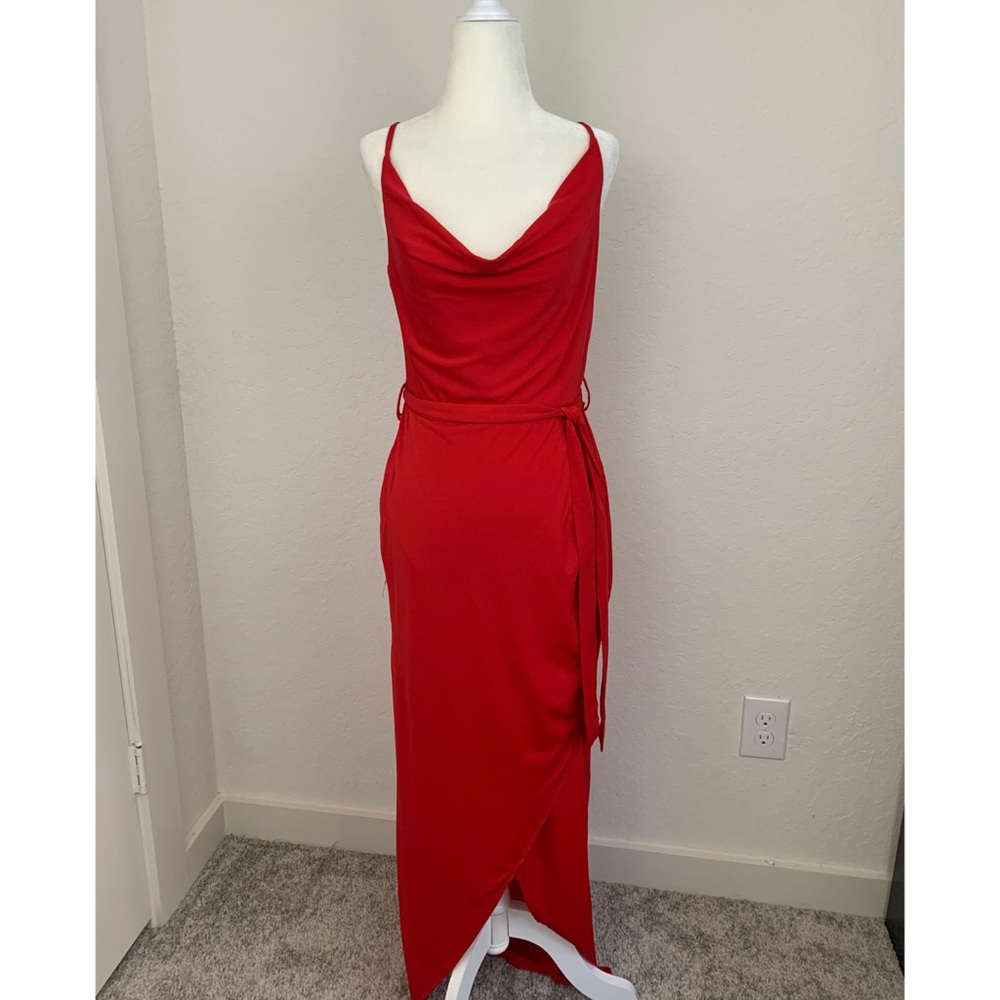 AX Paris Red Cowl Neck Maxi Dress With Slit - Picture 4 of 8